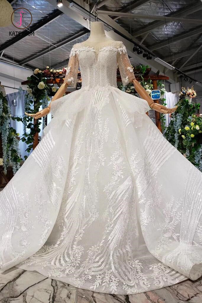 Ball Gown Half Sleeves Lace Bridal Dress with Sequins, Sheer Neck Long Wedding Dress KPW0401