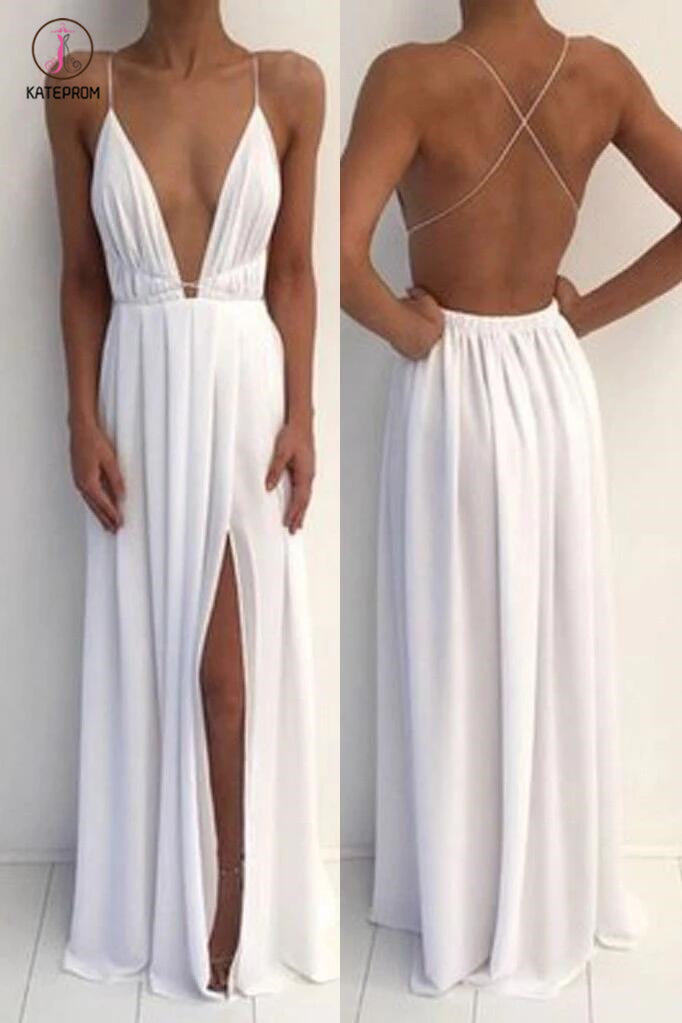 Red Deep V-neck Chiffon Backless Prom Dress with Slit,Sexy Evening Dresses,Maxi Dress KPP0400