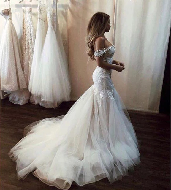 Off the Shoulder Mermaid Wedding Dress with Lace, Long Tulle Bridal Dress with Train KPW0299