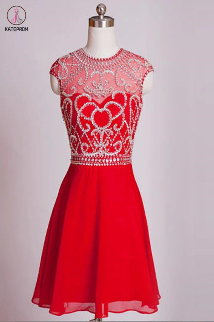 Homecoming Dresses Red Chiffon Cap Sleeves Short Prom Dress  KPH0006