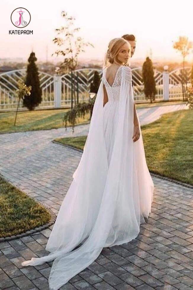 A Line Beaded Chiffon Cap Sleeves Boho Wedding Dresses, Beach Wedding Dress with Pearls KPW0422