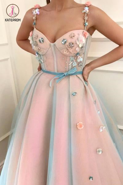 Princess Applique A-Line Spaghetti Straps Tulle Charming Prom Dress with Belt KPP0612