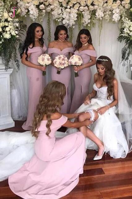 Simple Off-the-shoulder Sheath Sweep Train Split Front Bridesmaid Dresses KPB0166