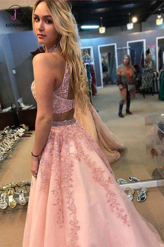 Two Piece Pink High Neck A Line Tulle Appliqued Prom Dress with Beading KPP0443