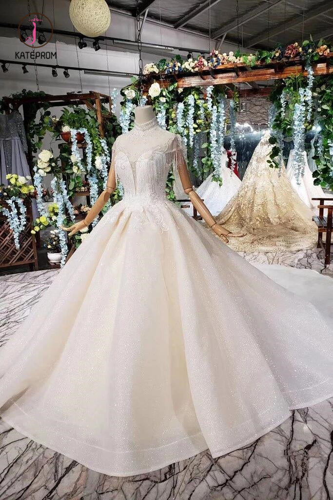 Off White High Neck Ball Gown Wedding Dresses, Open Back Beaded Bridal Dresses KPW0337