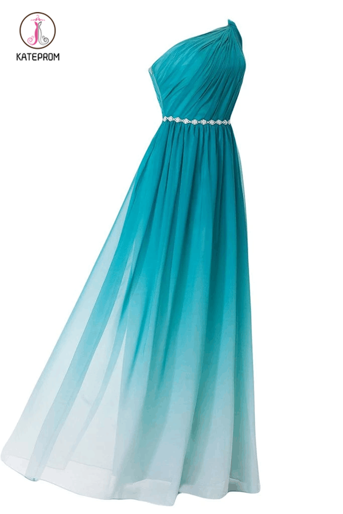 Turquoise Gradient Ombre One Shoulder Chiffon Ruched Dress with Beaded Embellished Belt KPB0093
