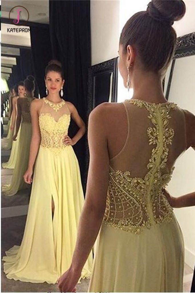A Line Jewel Sleeveless Appliqued Prom Dress with Beading,Yellow Chiffon Evening Dress KPP0469