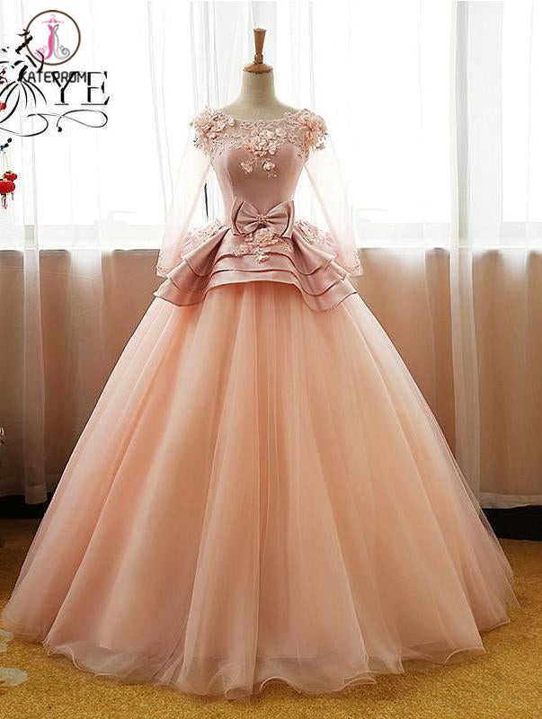 Ball Gown Long Sleeve Tulle Prom Dress with Flowers, Puffy Quinceanera Dresses KPP0496