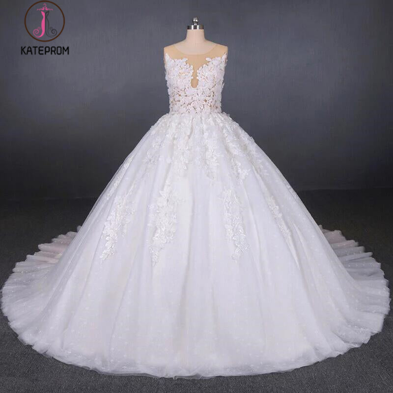 Ball Gown Sheer Neck Sleeveless White Wedding Dresses, Lace Appliqued Bridal Dress KPW0476