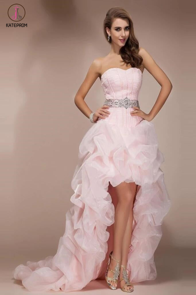 Pink High Low Backless Beaded Short Front Long Back Prom Dresses KPP0057