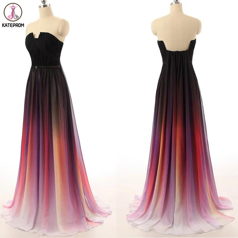 A-line Black Navy Blue Ombre Chiffon Long Prom Dress,Bridesmaid Dresses KPP0018