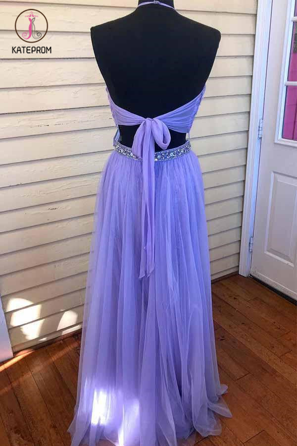 Two Piece Halter Lavender Prom Dress With Beading, Floor Length Tulle Evening Dress KPP0528