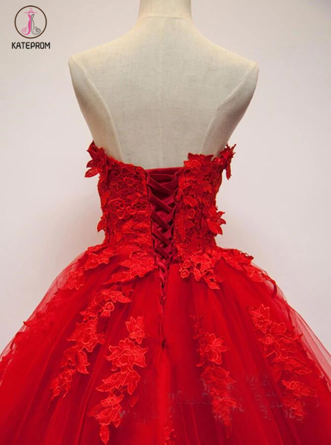 Sexy Red Sweetheart Strapless Ball Gown Applique Tulle Long Prom Dress,Party Dresses KPP0301