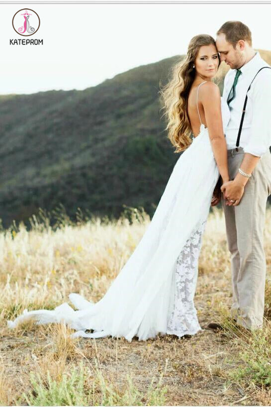 Sexy Backless Beach Wedding Dress,Spaghetti Summer Bridal Gowns,Lace Vestido de noiva KPW0028