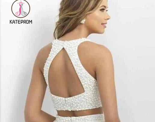 Two Piece Short White Lace Homecoming Dress with Pearls,Mini Dresses,Short Prom Dress KPH0102