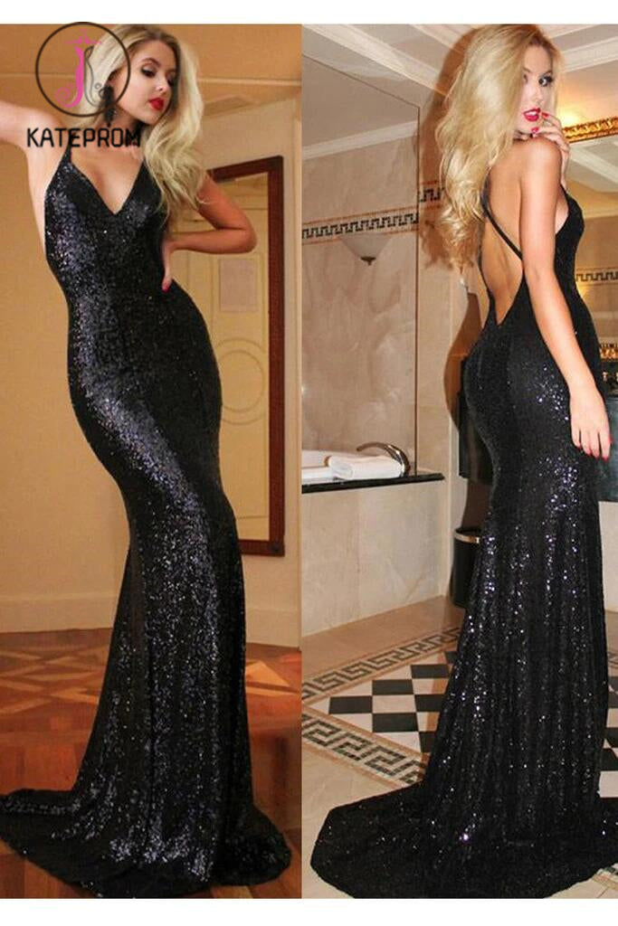 Sexy Spaghetti V-neck Long Mermaid Prom Dresses,Black Backless Sequin Prom Dress KPP0138