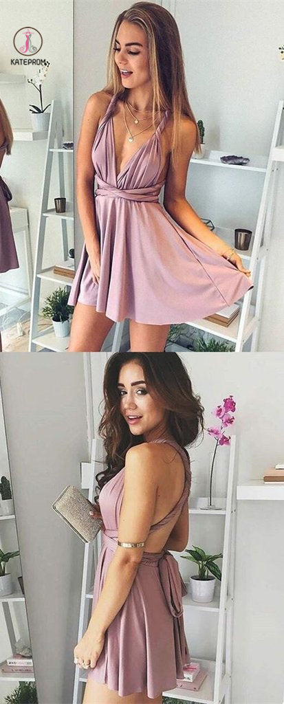 A-Line Deep V-Neck Lace-Up Blush Pink Chiffon Homecoming Dress,Sexy Short Party Dress KPH0236