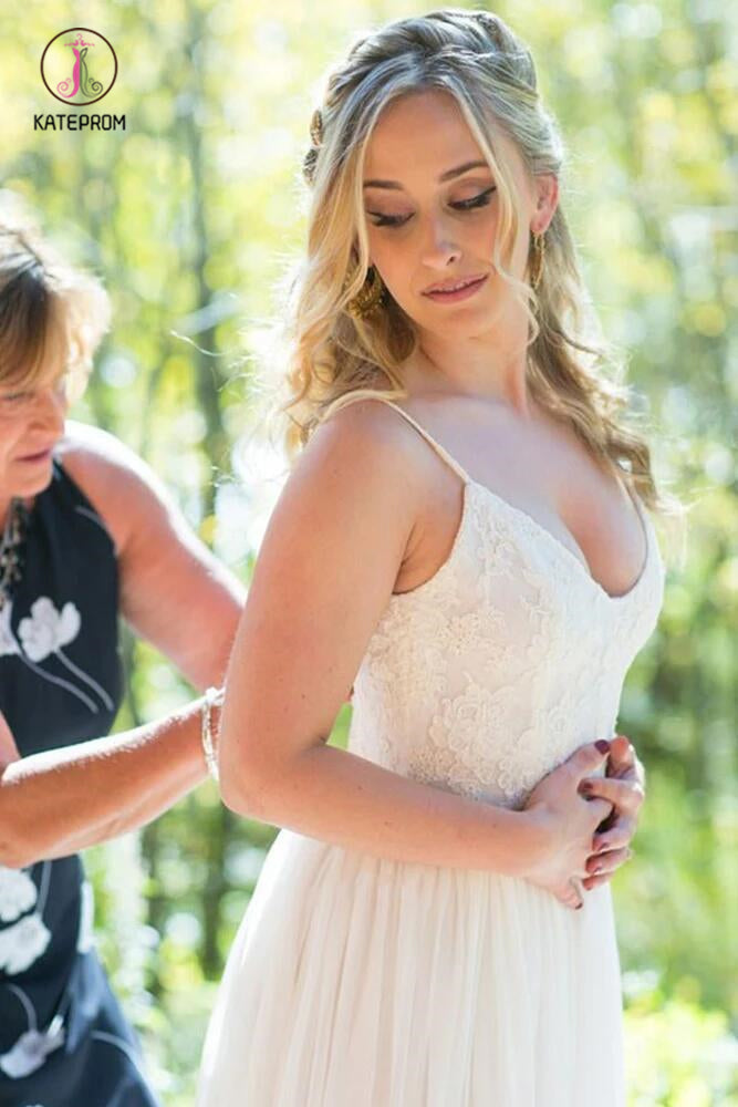 A Line V Neck Spaghetti Strap Wedding Dresses, Beach Wedding Dresses with Lace Top KPW0316