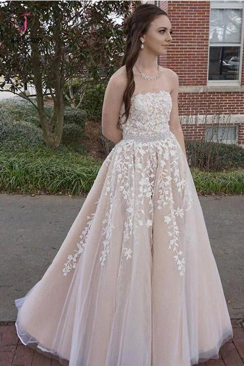 Princess A-line Strapless Tulle Long Prom Dress with Lace Appliques Wedding Dress KPW0349