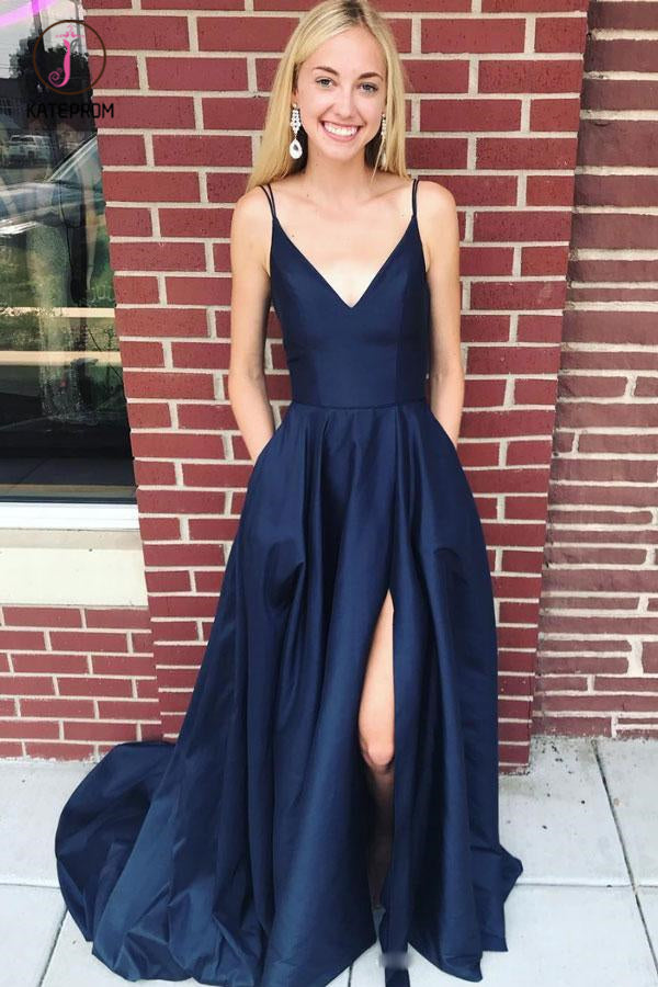 Dark Blue Spaghetti Strap Long Satin Evening Dress, Long Sleeveless Split Prom Dress KPP0523