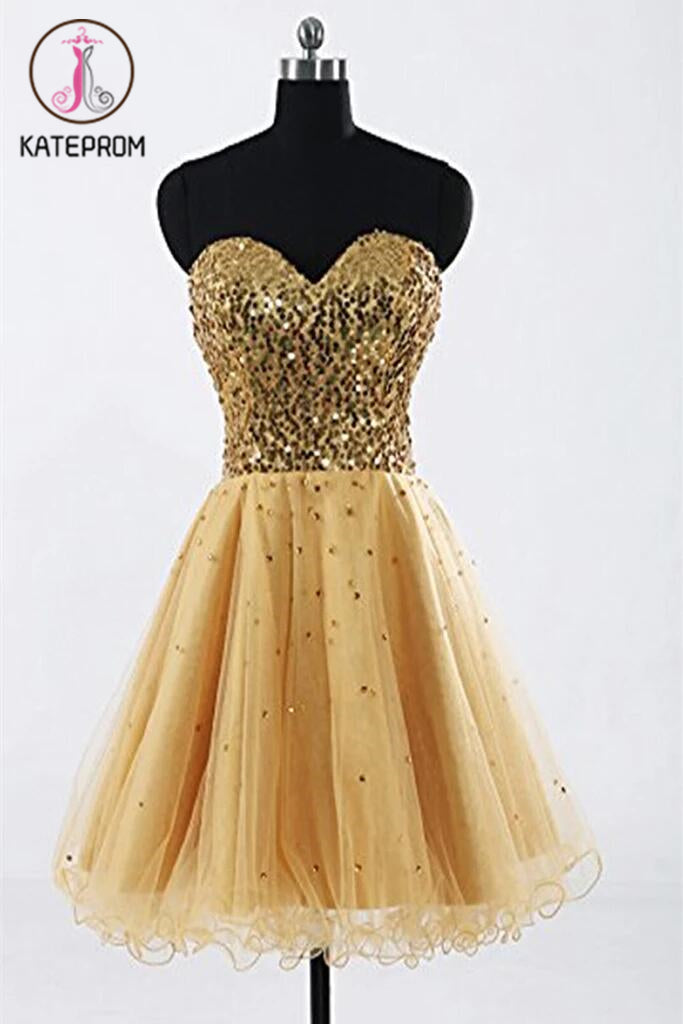 Gold Sweetheart Beaded Backless Back Up Lace Homecoming Dresses KPH0031