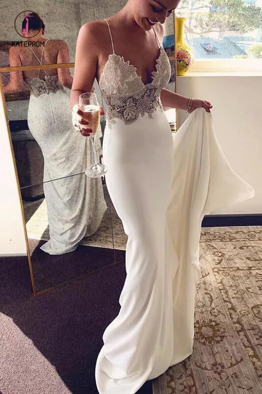 Sexy Spaghetti Straps Mermaid Wedding Dresses, Long Beach Wedding Dress with Lace KPW0381
