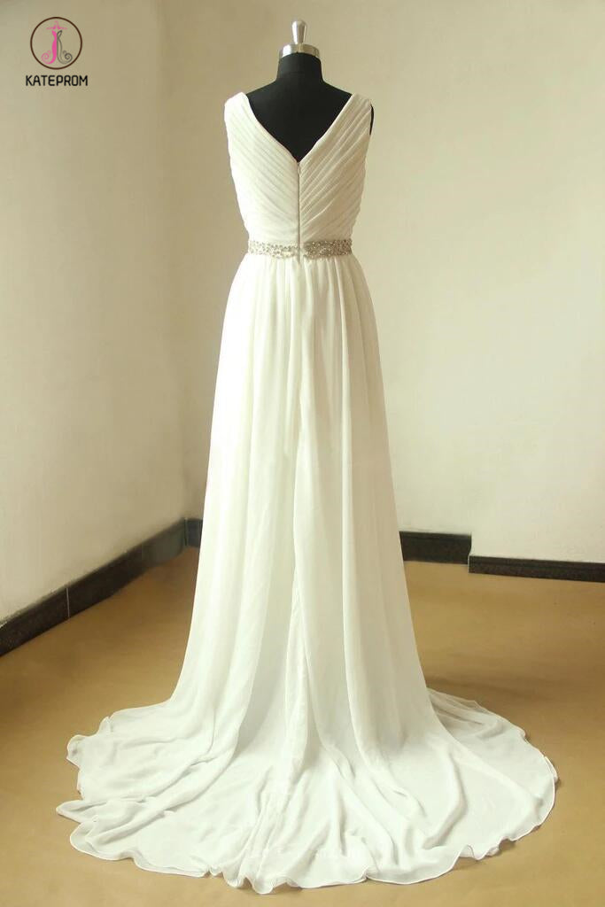 Ivory V Neck Sleeveless Pleated Slit Chiffon Summer Beach Wedding Dress with Beading KPW0224