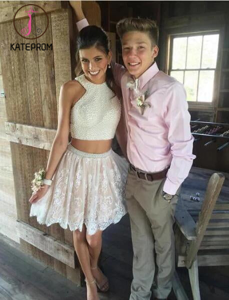 Two Piece Short White Lace Homecoming Dress with Pearls,Mini Dresses,Short Prom Dress KPH0102