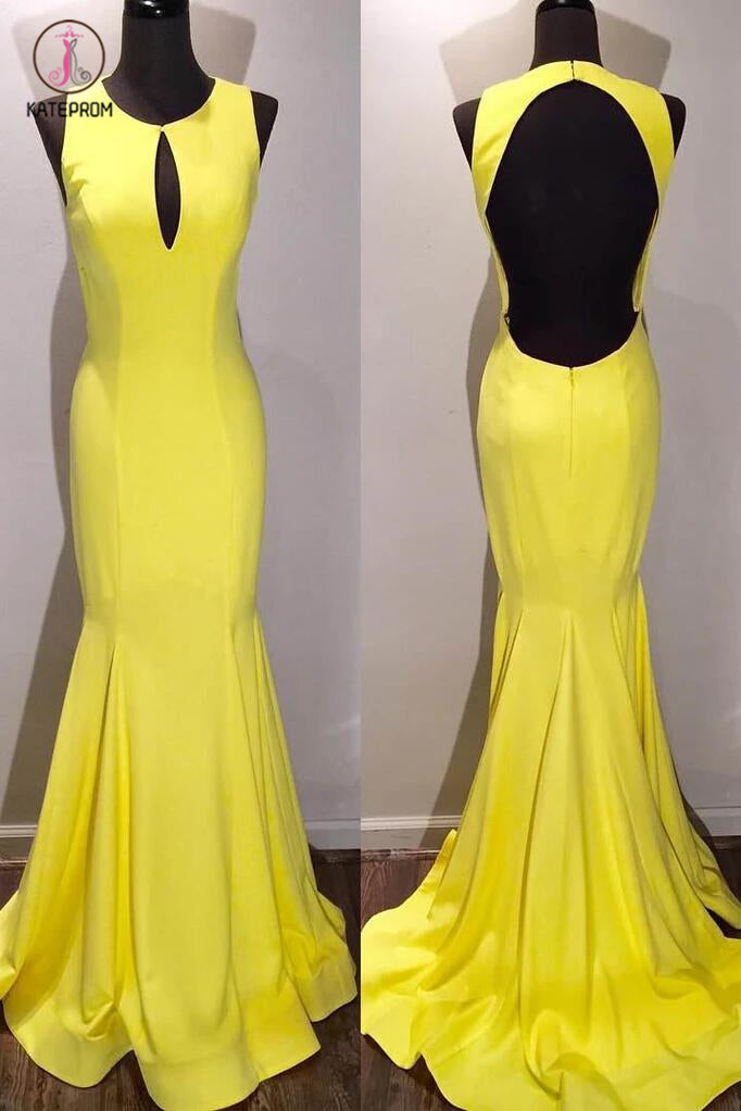 Elegant Yellow Scoop Open Back Sweep Train Mermaid Prom Gown,Formal Dresses KPP0304