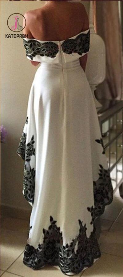 Gorgeous High Low Prom Dresses,Off-shoulder Lace White And Black Prom Gown KPP0182