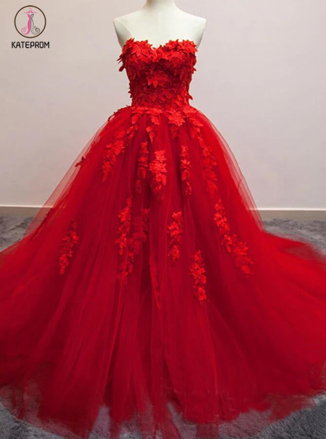 Sexy Red Sweetheart Strapless Ball Gown Applique Tulle Long Prom Dress,Party Dresses KPP0301