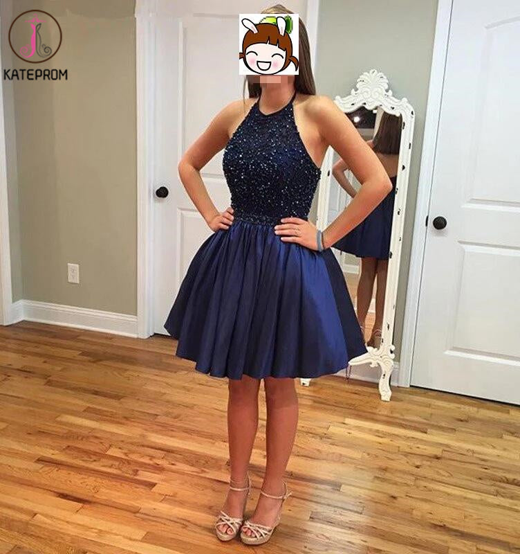 Royal Blue Short Prom Dress,Beading Halter Short Backless Satin Homecoming Dress,Cocktail Dress KPH0069