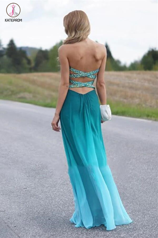 Real Beauty Peacock Green Gradient Ombre Chiffon Prom Dresses KPP0019