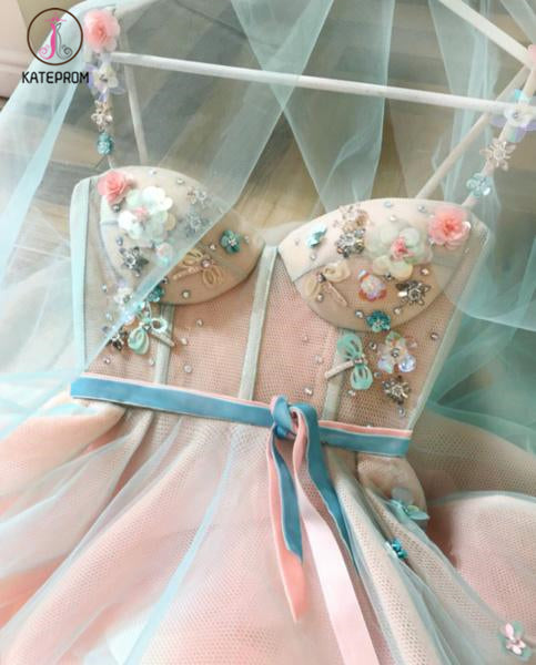 Princess Applique A-Line Spaghetti Straps Tulle Charming Prom Dress with Belt KPP0612