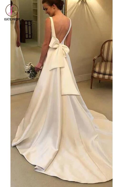Classic Satin A Line Backless Wedding Dress,Long Backless Wedding Dresses with Bowknot KPW0026