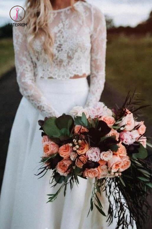 Romantic Two Piece Long Sleeves Wedding Dress with Lace, A Line Ivory Chiffon Bridal Dress KPW0515