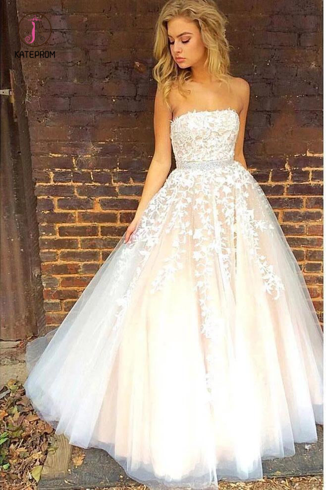 Princess A-line Strapless Tulle Long Prom Dress with Lace Appliques Wedding Dress KPW0349