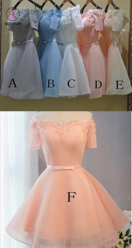 Pastel Orange Appliqued Tulle Off-shoulder Homecoming Dresses,Short Party Dress KPH0235