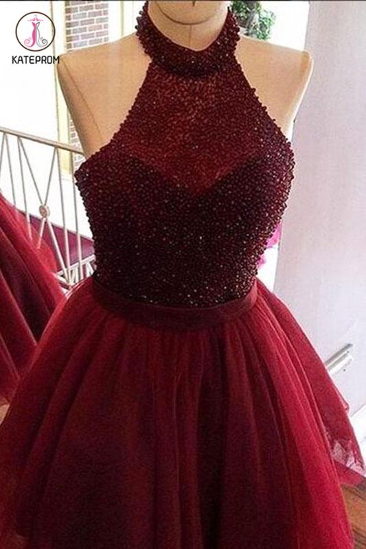 Burgundy Halter Beading Tulle Short Prom/Homecoming Dresses,Backless Party Dresses KPH0198