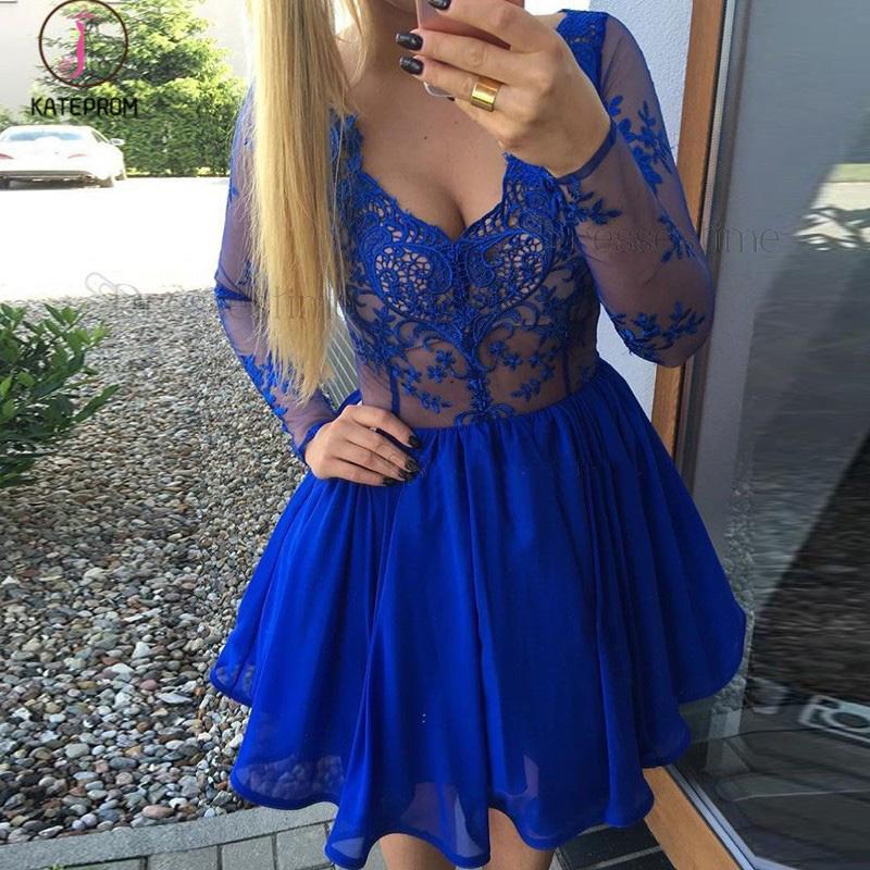 A-Line V-Neck Long Sleeves Royal Blue Chiffon Lace Homecoming Dress,Royal Blue Party Dress KPH0238