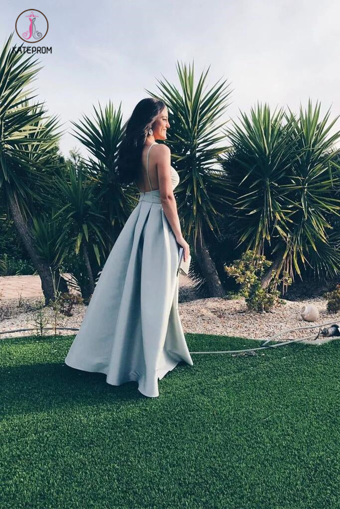 Spaghetti Straps Deep V Neck Floor-length Satin Prom Dresses,Long Evening Dresses KPP0224