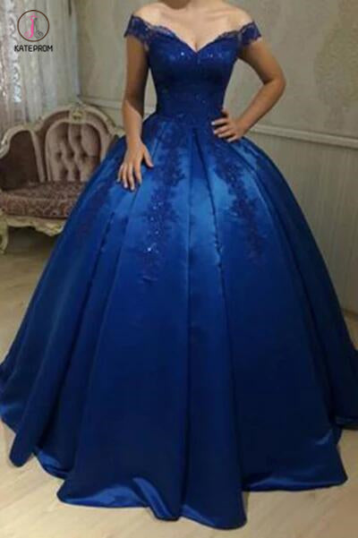 Royal Blue Satin Off-the-shoulder Applique Ball Gowns Quinceanera Dresses KPP0366