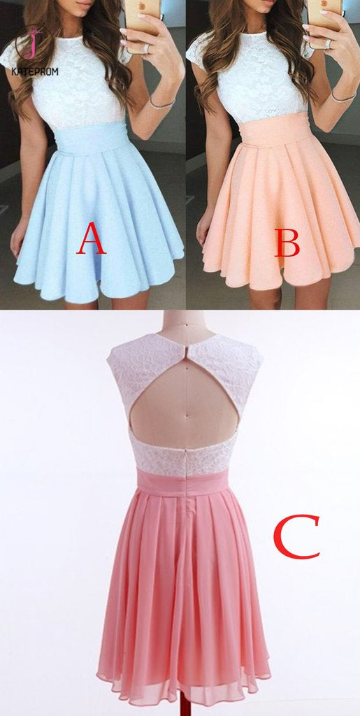 Pale Blue A-Line Cap Sleeves Short Chiffon Homecoming Dress with Lace Top,Mini Prom Dress KPH0192