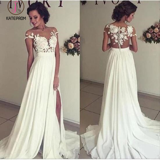 See-through Short Sleeve Lace Appliqued Long Beach Wedding Dress,Ivory Chiffon Bridal Dress KPW0073
