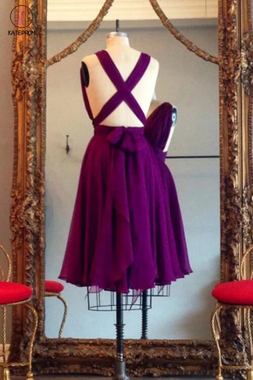 A Line V Neck Purple Sleeveless Chiffon Bridesmaid Dress, Knee Length Homecoming Dresses KPB0016