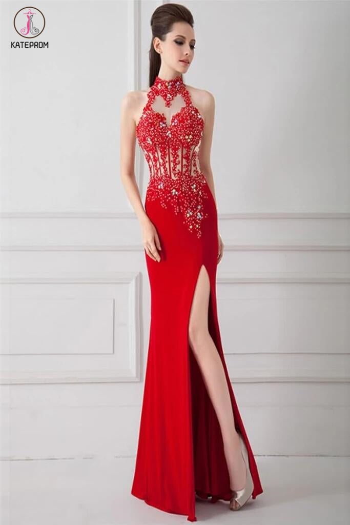 Front Split Sexy Red Beaded Backless Long Prom Dresses KPP0058