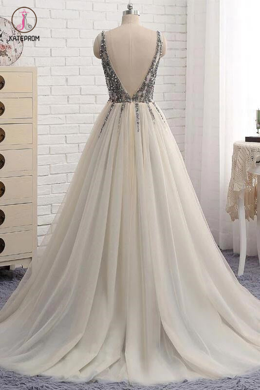 Sexy Deep V-neck Bling Sleeveless Tulle Prom Dress with Sequins,Formal Dresses KPP0251