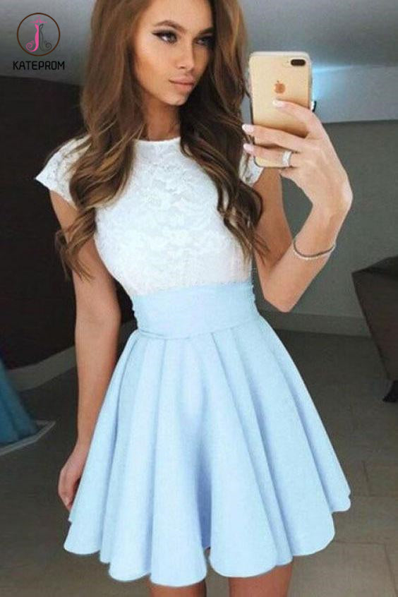 Pale Blue A-Line Cap Sleeves Short Chiffon Homecoming Dress with Lace Top,Mini Prom Dress KPH0192