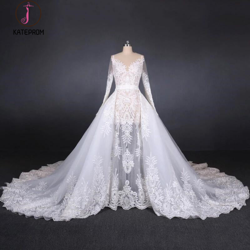 Gorgeous Long Sleeves Long Wedding Dresses, V Neck Long Bridal Dresses KPW0468