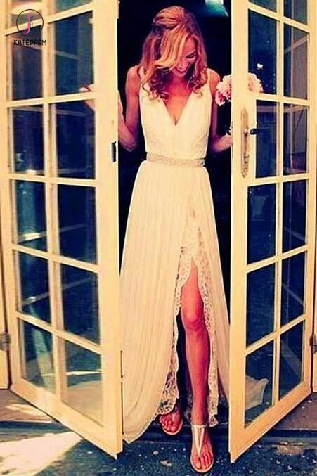 Flowing V-Neck A-Line Split Wedding Dresses With Lace, Beach Wedding Dress with Beads KPW0220